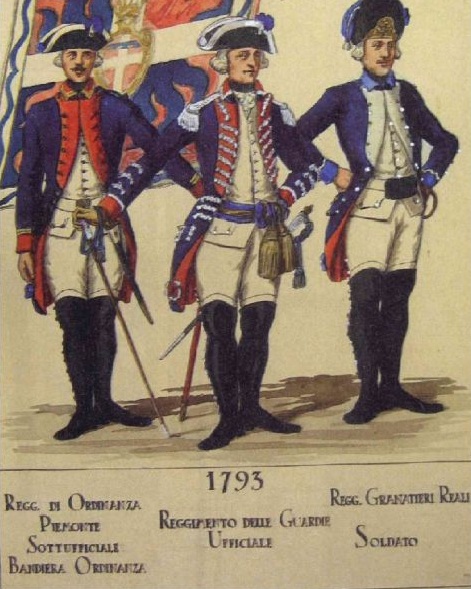 Sardinian Infantry. Left to right: NCO, Piedmont Regt.; Officer, Guards Regt.; Private, Royal Grenadiers Regt.
